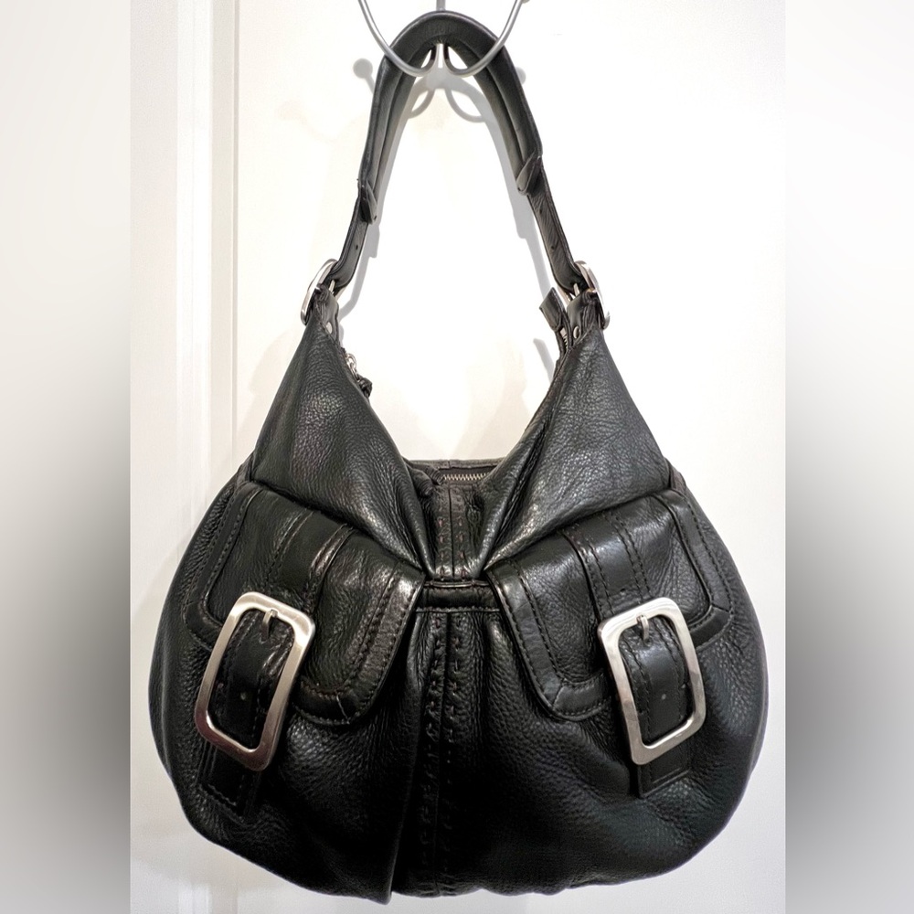 🔥COLE HAAN Y2K Large Black Leather Hobo Shoulder Bag Silver Buckle Flap Pockets
